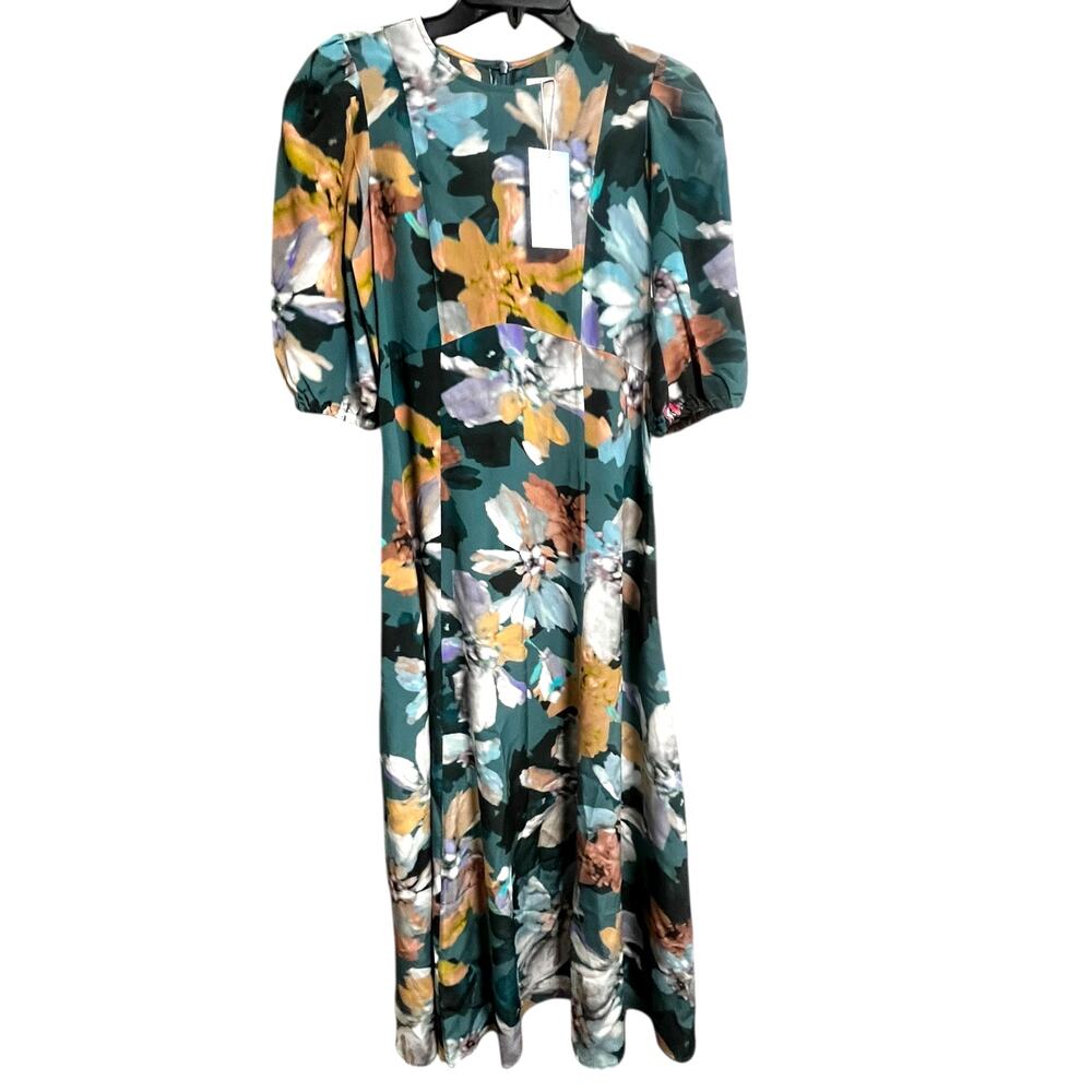 Tyler Böe Frankie 100% Silk Midi Dress | Sz 0, Green Watercolor Floral NEW! $344 - Picture 3 of 10